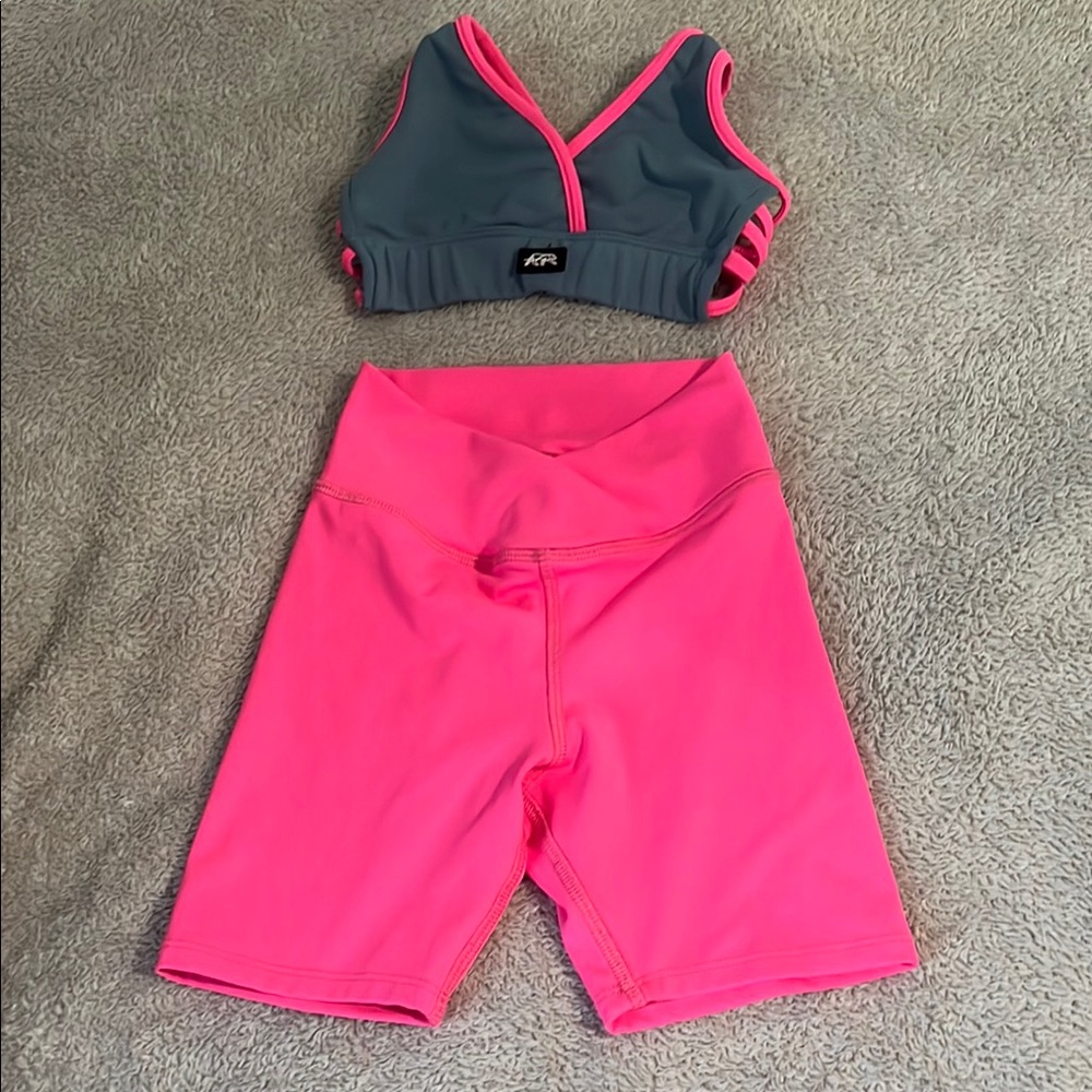 Gray and Pink Sports Bra and Shorts Set
